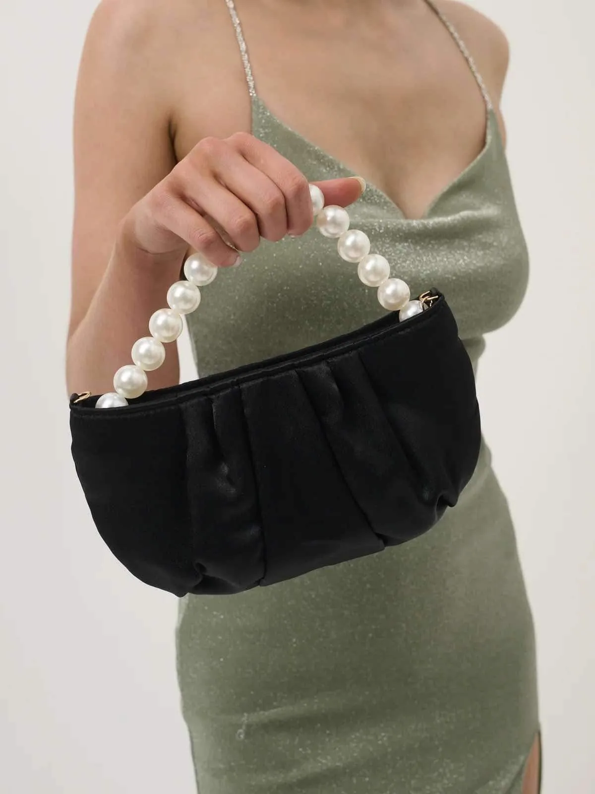 Victoria Satin Pearl Strap Bag - Black