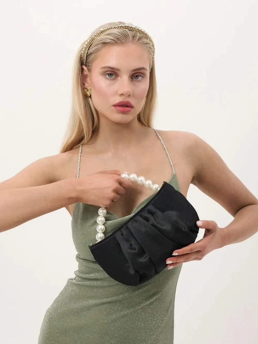 Victoria Satin Pearl Strap Bag - Black