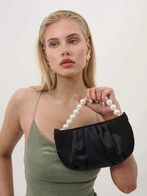 Victoria Satin Pearl Strap Bag - Black