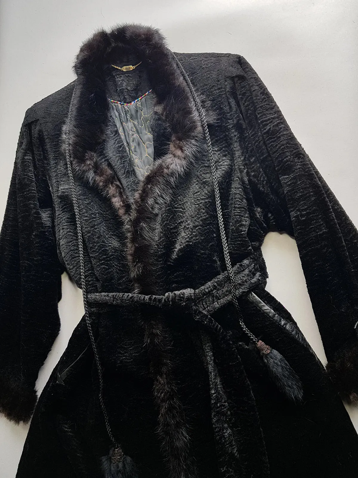 Vintage Italian Curly Lambskin & Mink Coat with Leather Features - Fur Edging & Cuffs - Belt with Fur Pom Poms