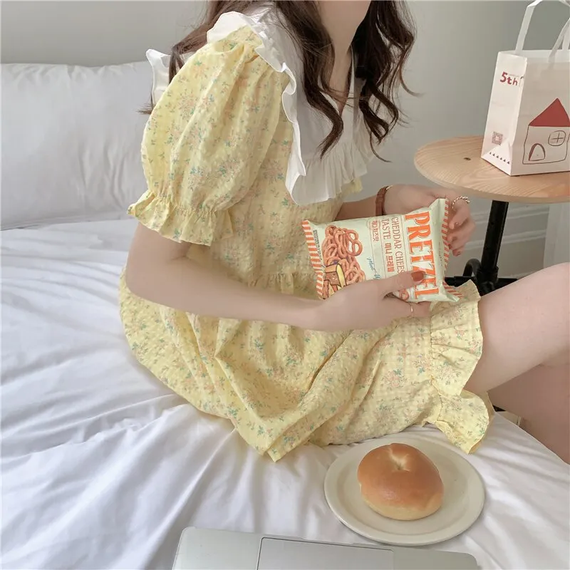 Wenkouban Ruffles V-Neck Summer Pajamas Set Women Short Sleeve Sweet Blouse   Shorts Suit Cotton Sleepwear Flowers Plaid Homewear