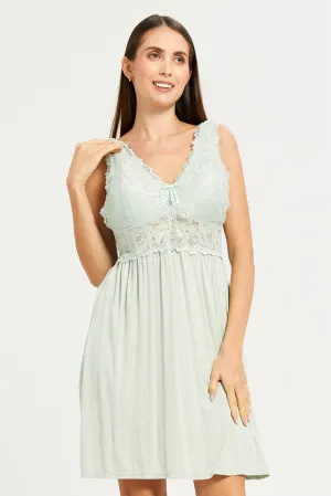 Women Green Satin With Lace Chemise