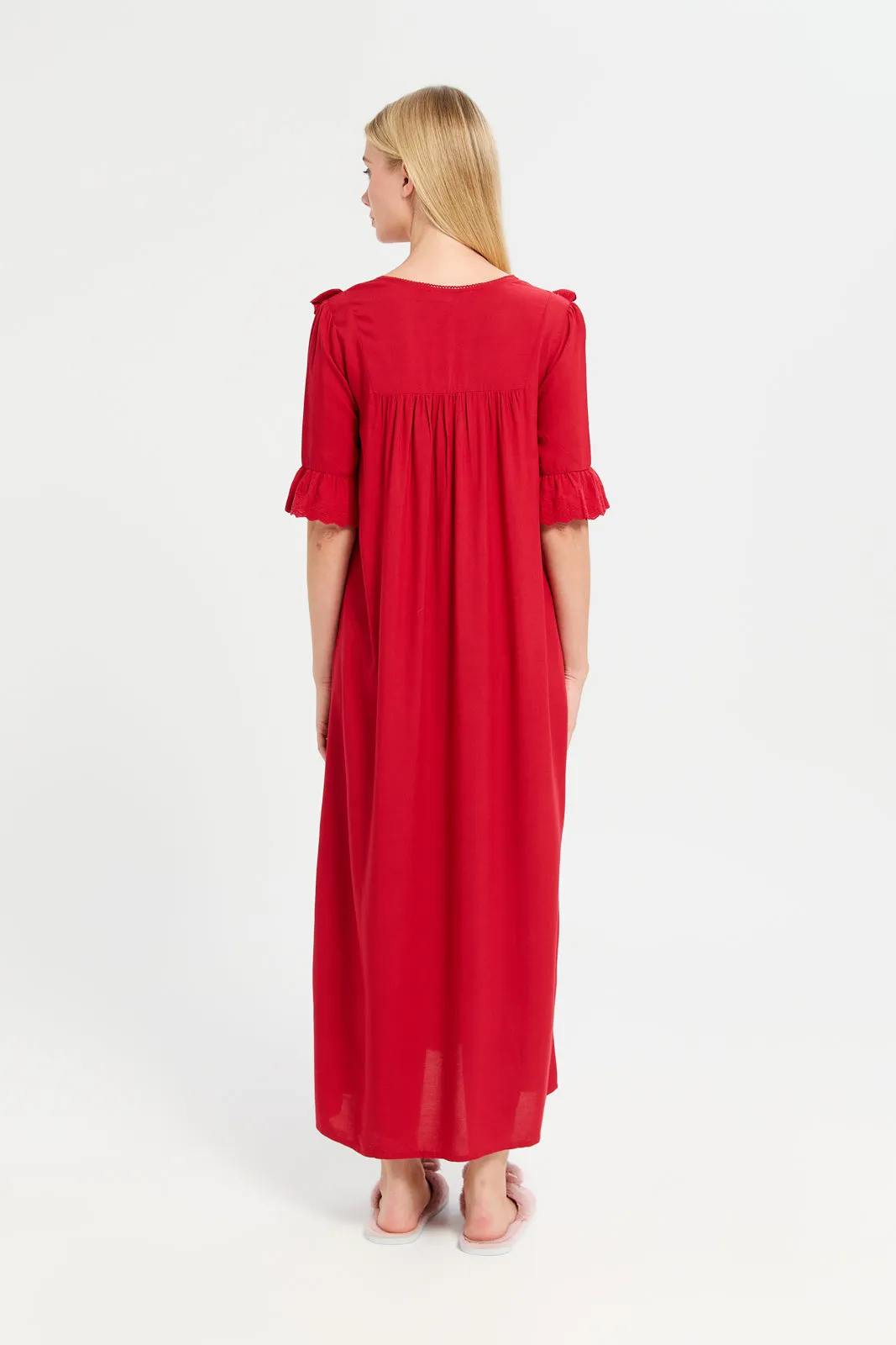 Women Red Plain Ruffle Embellished Nightgown