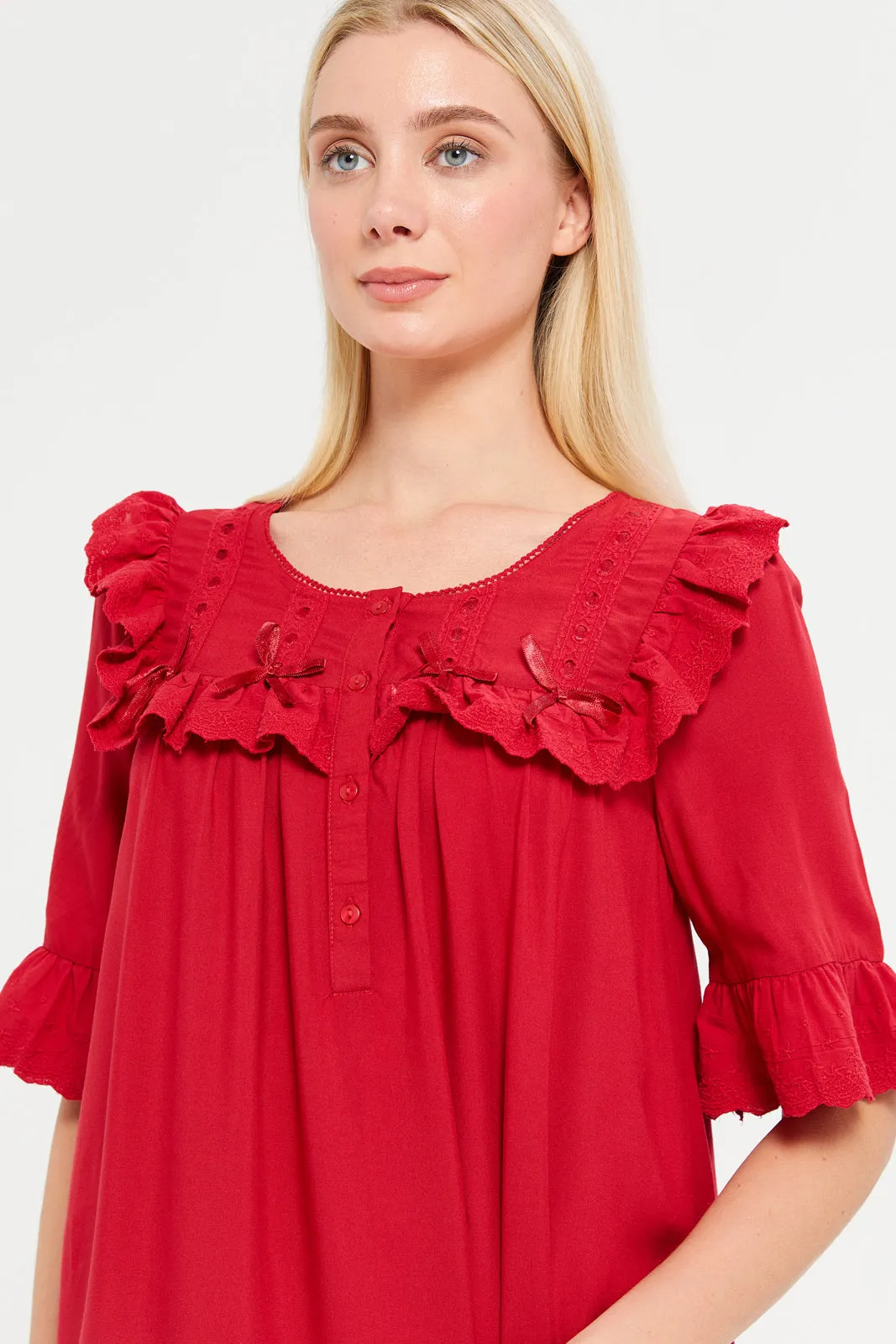 Women Red Plain Ruffle Embellished Nightgown