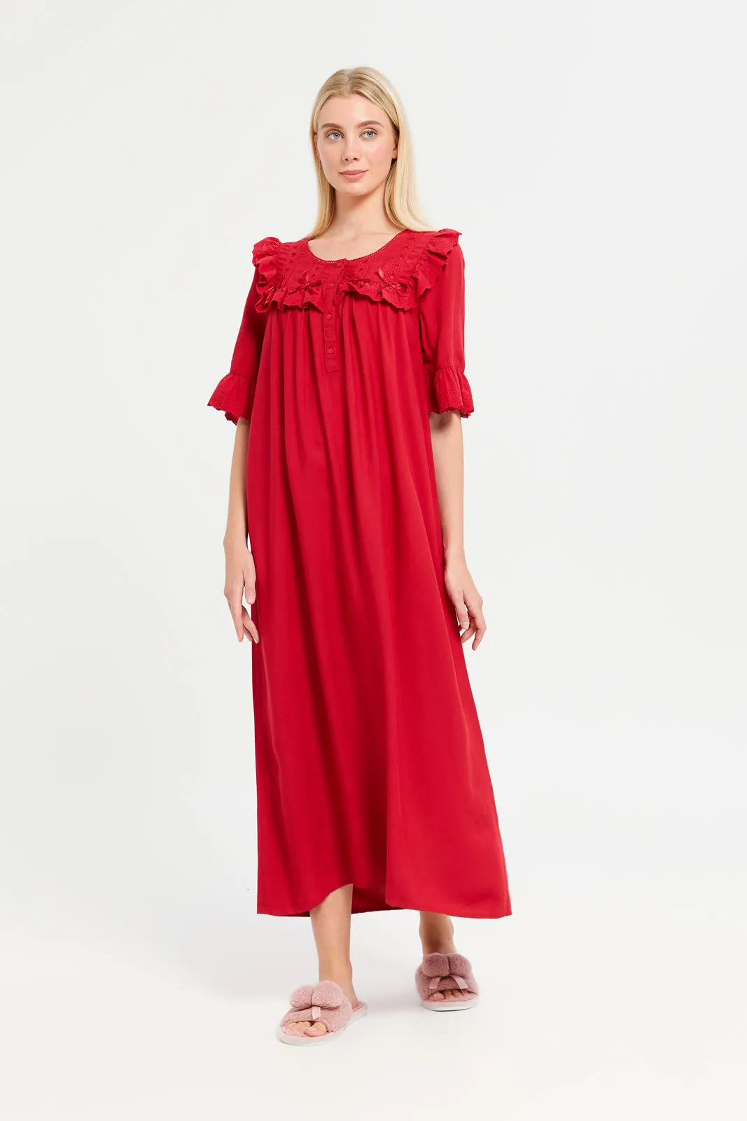 Women Red Plain Ruffle Embellished Nightgown