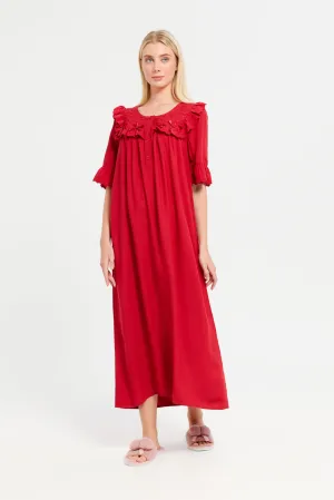 Women Red Plain Ruffle Embellished Nightgown