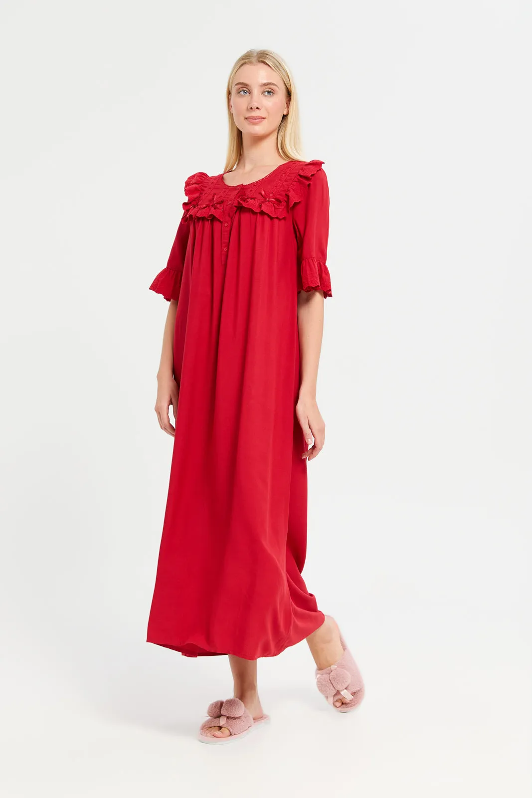 Women Red Plain Ruffle Embellished Nightgown