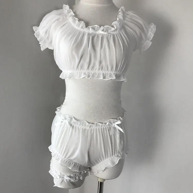 Women Sheer Stars Ultra-thin Gauze Ruffles Off Shoulder Sleeve Tops Shorts Leg Ring Underwear Set Temptation Sexy Pajamas