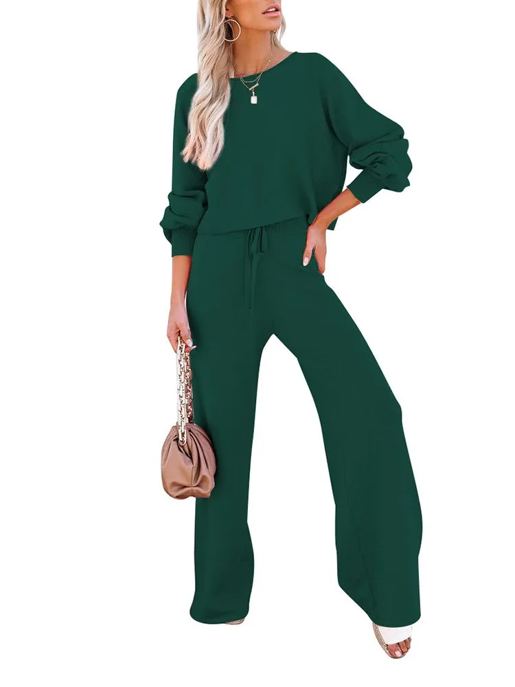 Women's 2 Piece Outfit Sweater Set Long Sleeve Crop Knit Top and Wide Leg Long Pants Sweatsuit