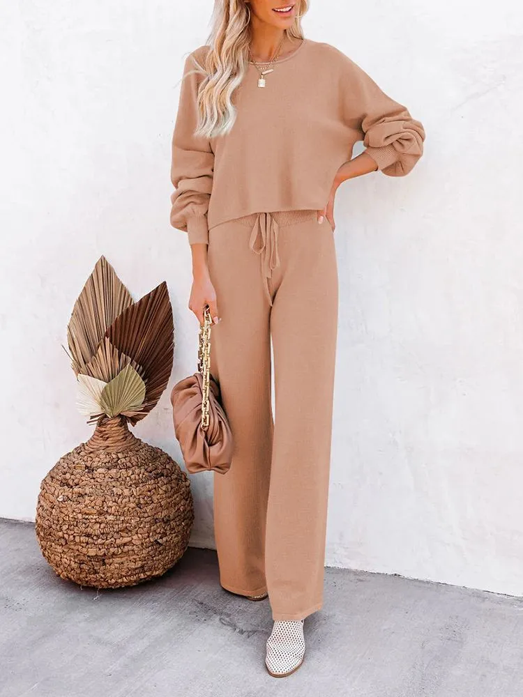 Women's 2 Piece Outfit Sweater Set Long Sleeve Crop Knit Top and Wide Leg Long Pants Sweatsuit