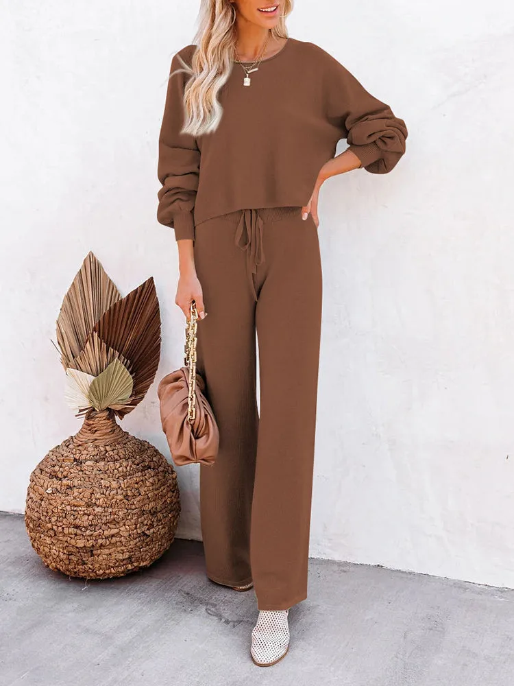 Women's 2 Piece Outfit Sweater Set Long Sleeve Crop Knit Top and Wide Leg Long Pants Sweatsuit