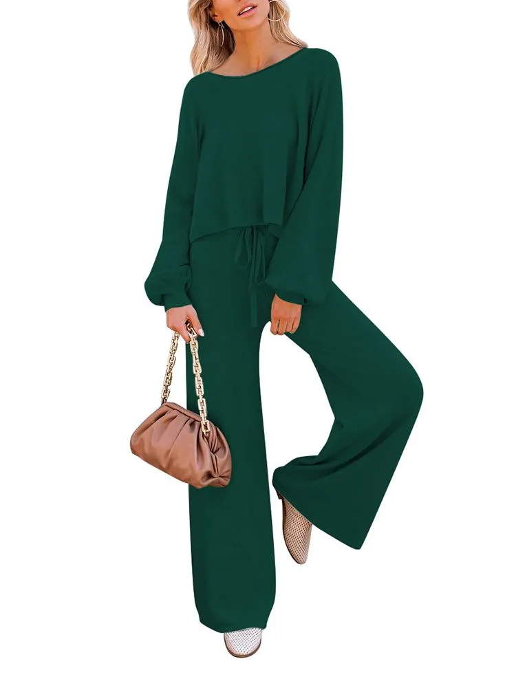 Women's 2 Piece Outfit Sweater Set Long Sleeve Crop Knit Top and Wide Leg Long Pants Sweatsuit