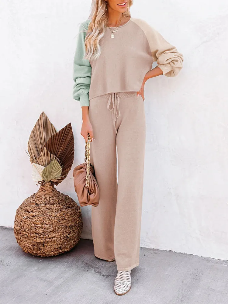 Women's 2 Piece Outfit Sweater Set Long Sleeve Crop Knit Top and Wide Leg Long Pants Sweatsuit