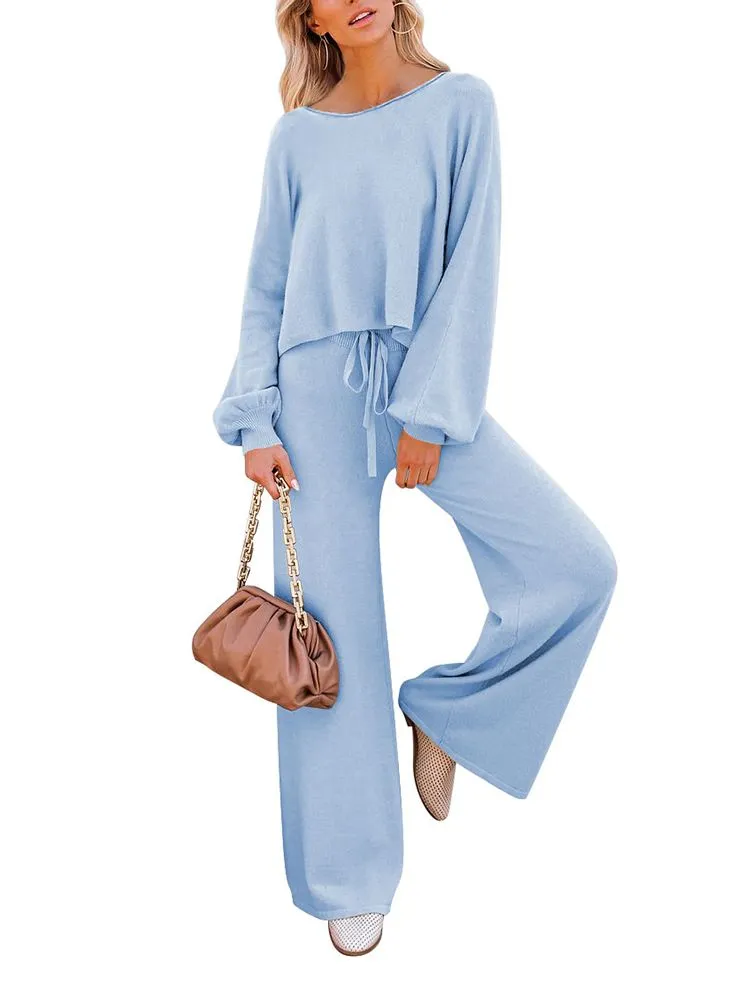 Women's 2 Piece Outfit Sweater Set Long Sleeve Crop Knit Top and Wide Leg Long Pants Sweatsuit