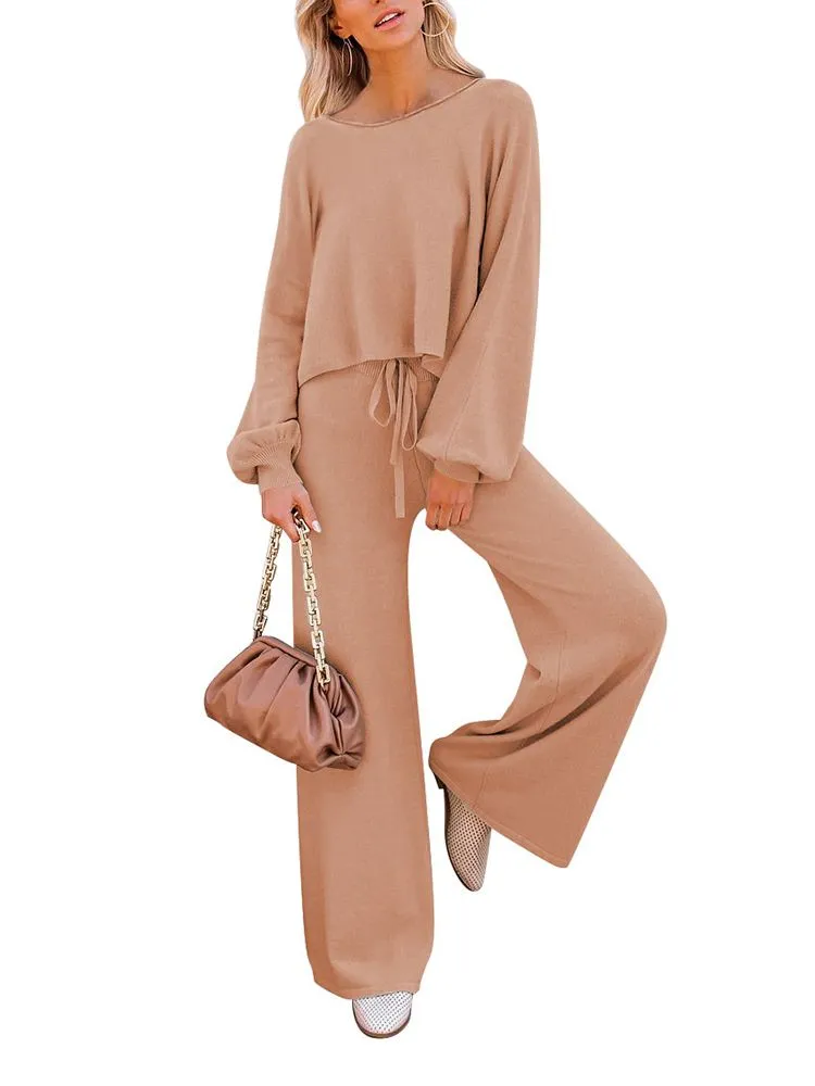 Women's 2 Piece Outfit Sweater Set Long Sleeve Crop Knit Top and Wide Leg Long Pants Sweatsuit