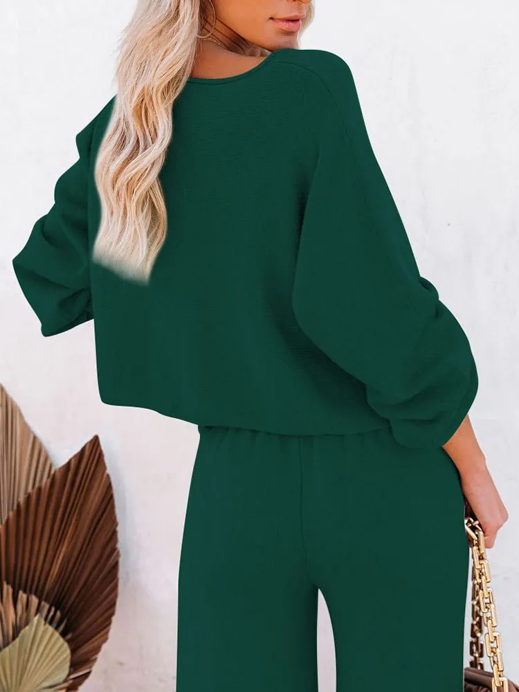 Women's 2 Piece Outfit Sweater Set Long Sleeve Crop Knit Top and Wide Leg Long Pants Sweatsuit