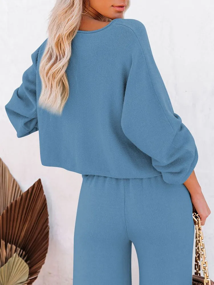 Women's 2 Piece Outfit Sweater Set Long Sleeve Crop Knit Top and Wide Leg Long Pants Sweatsuit