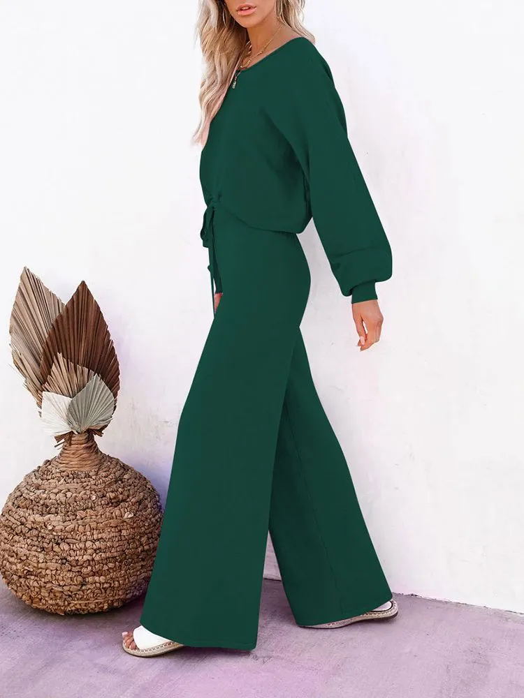 Women's 2 Piece Outfit Sweater Set Long Sleeve Crop Knit Top and Wide Leg Long Pants Sweatsuit