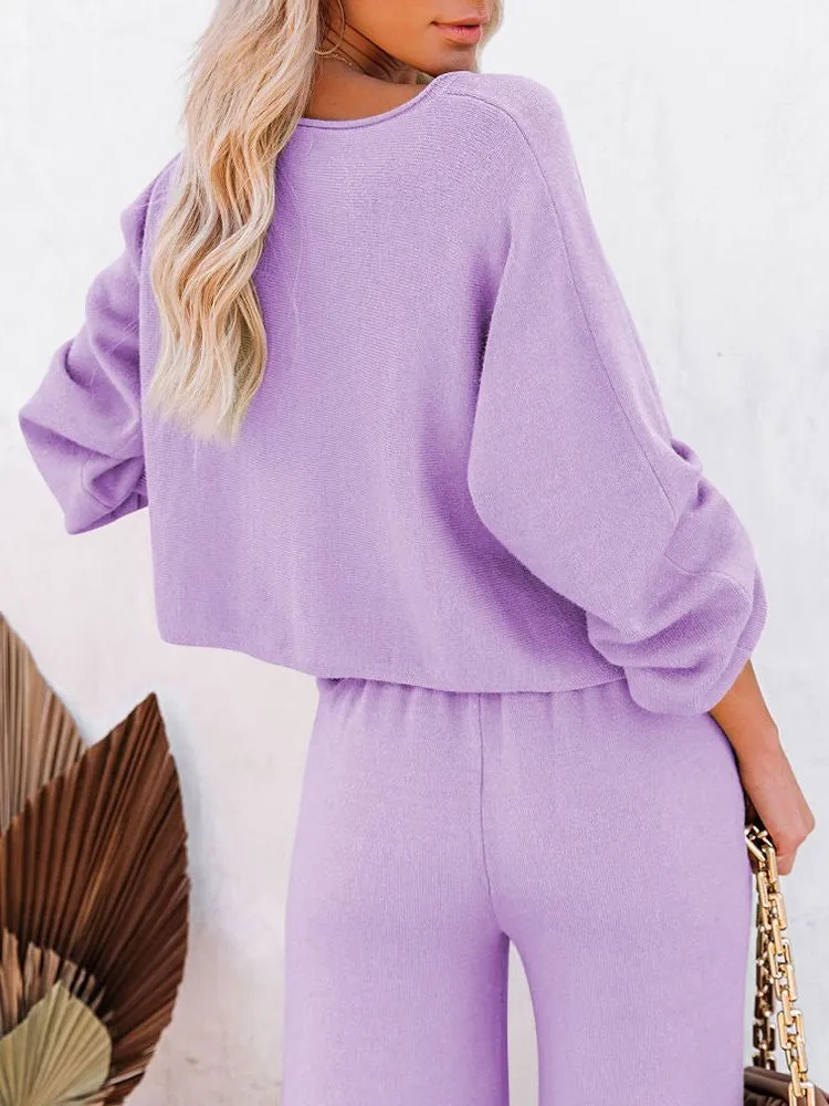 Women's 2 Piece Outfit Sweater Set Long Sleeve Crop Knit Top and Wide Leg Long Pants Sweatsuit