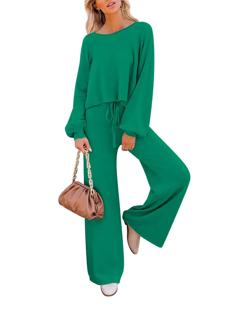 Women's 2 Piece Outfit Sweater Set Long Sleeve Crop Knit Top and Wide Leg Long Pants Sweatsuit