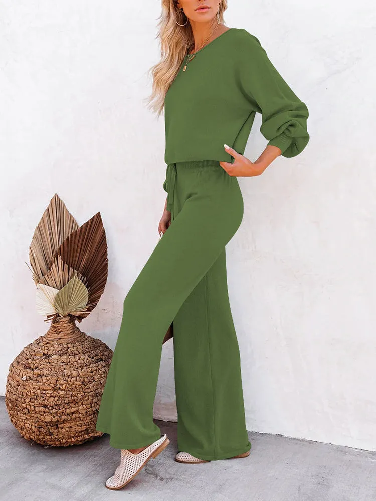 Women's 2 Piece Outfit Sweater Set Long Sleeve Crop Knit Top and Wide Leg Long Pants Sweatsuit