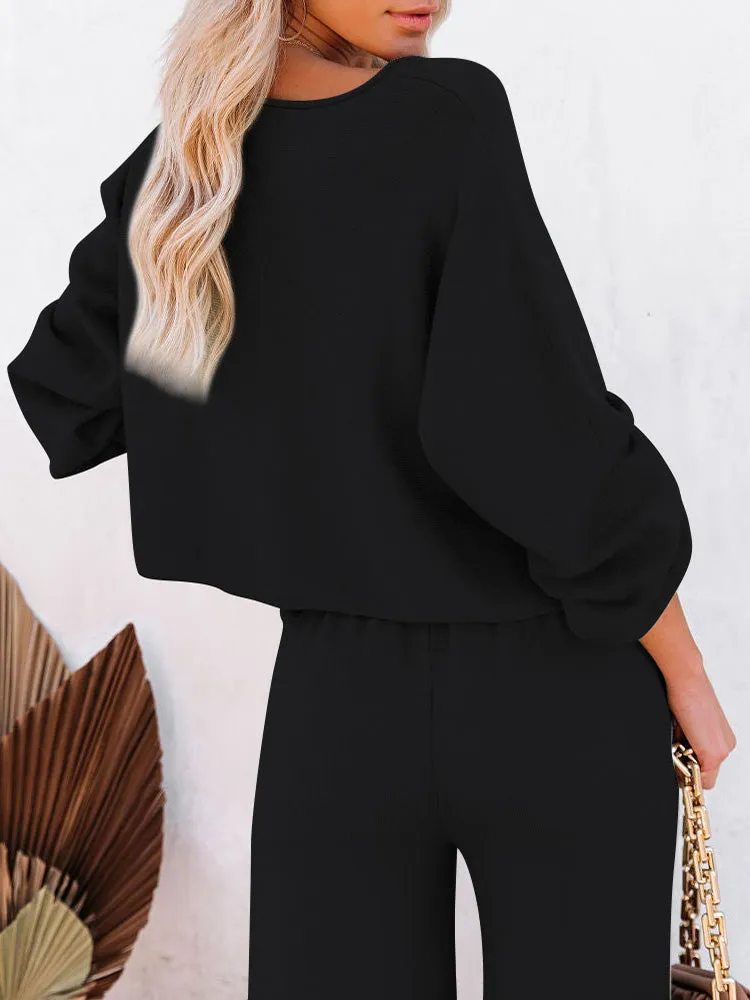 Women's 2 Piece Outfit Sweater Set Long Sleeve Crop Knit Top and Wide Leg Long Pants Sweatsuit