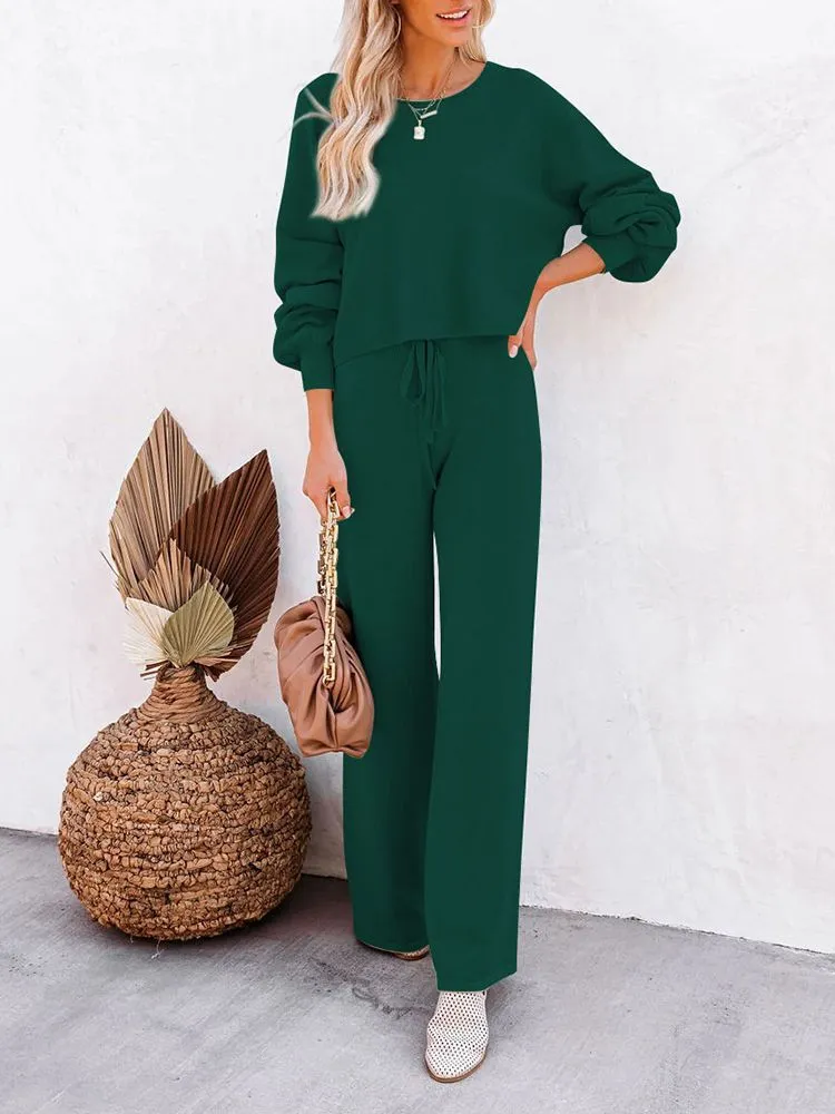 Women's 2 Piece Outfit Sweater Set Long Sleeve Crop Knit Top and Wide Leg Long Pants Sweatsuit