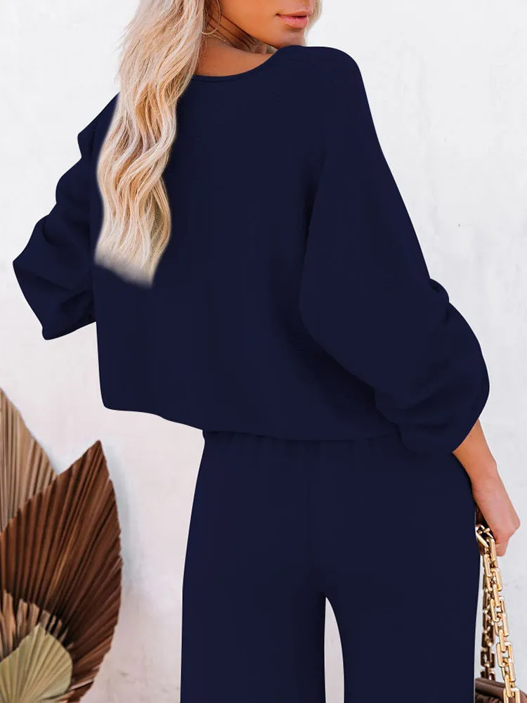 Women's 2 Piece Outfit Sweater Set Long Sleeve Crop Knit Top and Wide Leg Long Pants Sweatsuit