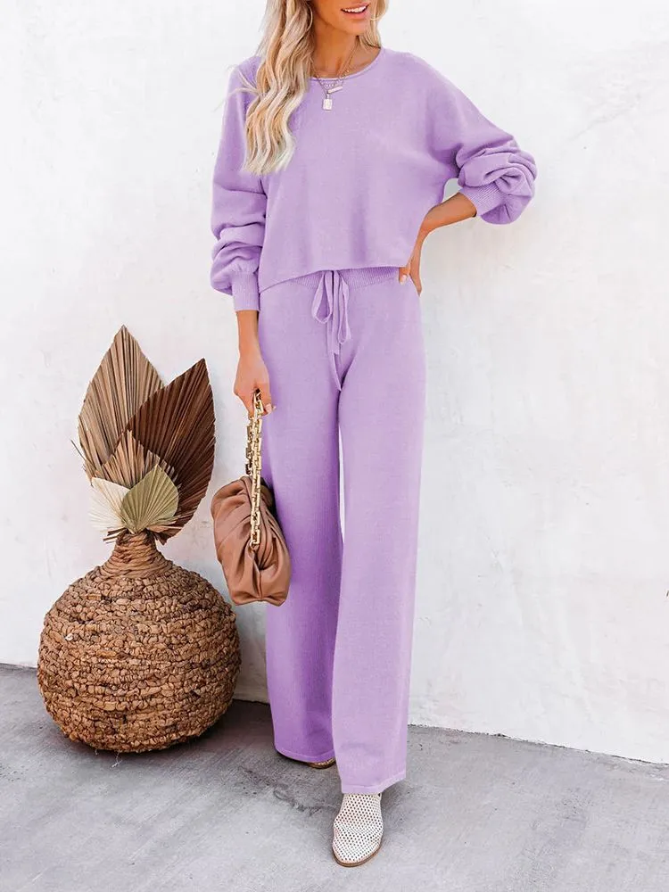 Women's 2 Piece Outfit Sweater Set Long Sleeve Crop Knit Top and Wide Leg Long Pants Sweatsuit