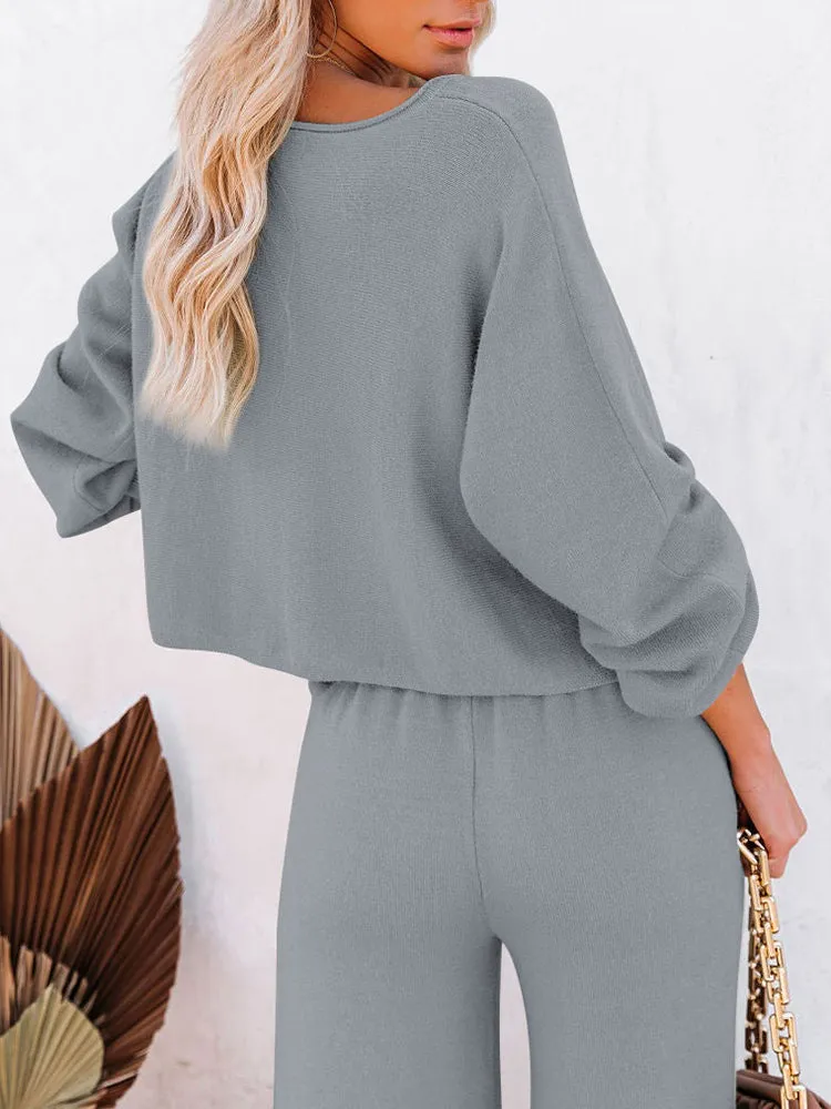 Women's 2 Piece Outfit Sweater Set Long Sleeve Crop Knit Top and Wide Leg Long Pants Sweatsuit