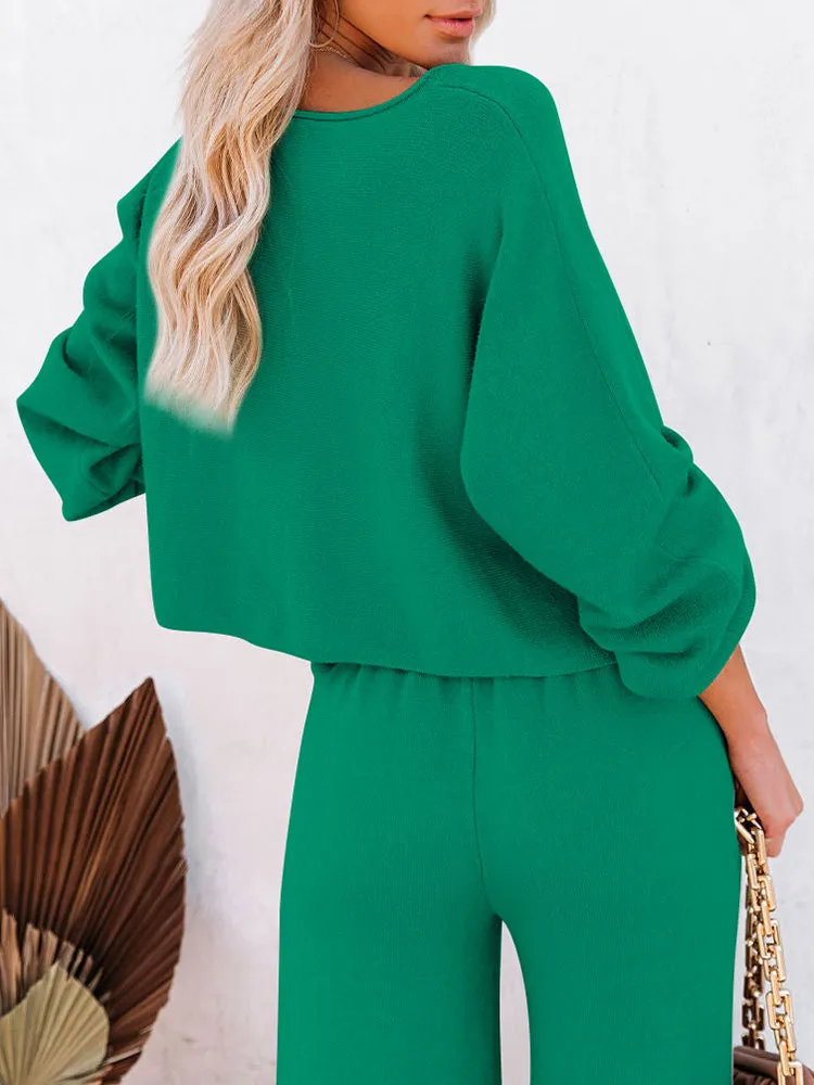 Women's 2 Piece Outfit Sweater Set Long Sleeve Crop Knit Top and Wide Leg Long Pants Sweatsuit