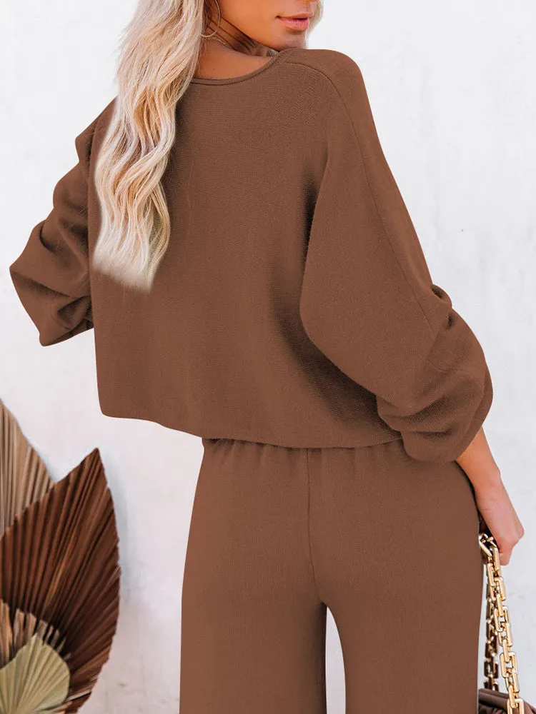 Women's 2 Piece Outfit Sweater Set Long Sleeve Crop Knit Top and Wide Leg Long Pants Sweatsuit