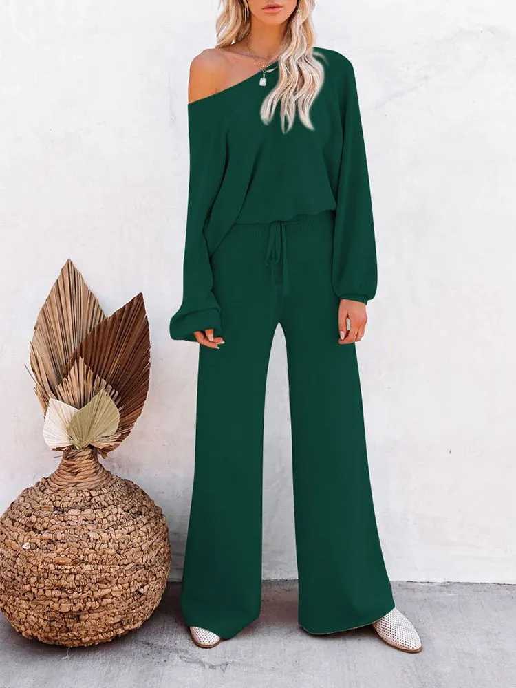 Women's 2 Piece Outfit Sweater Set Long Sleeve Crop Knit Top and Wide Leg Long Pants Sweatsuit