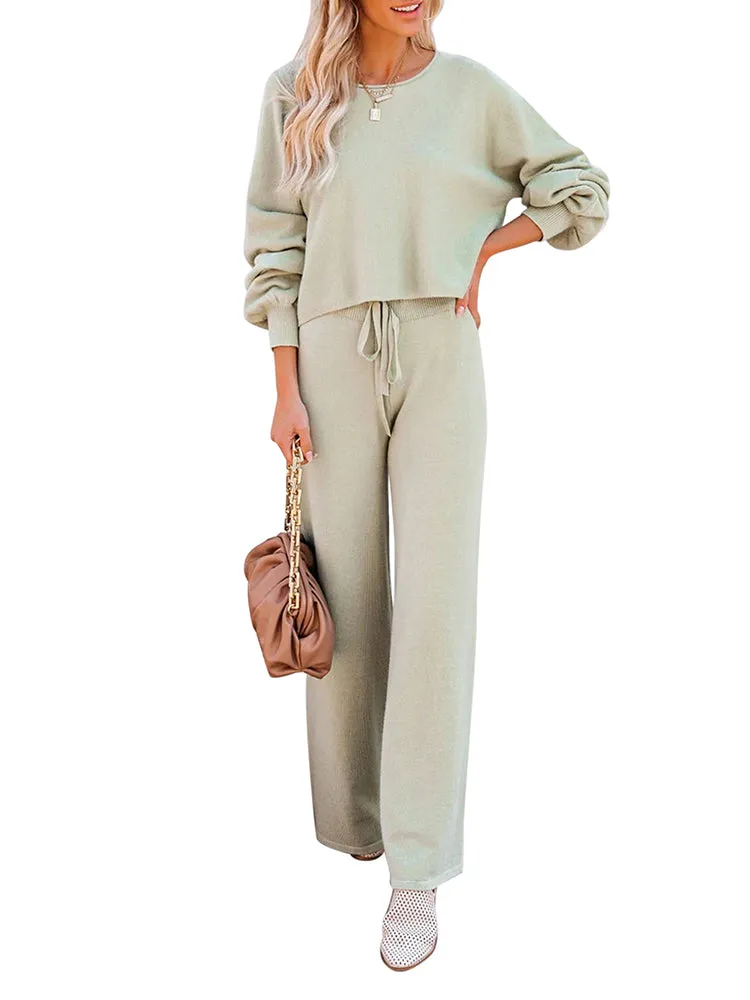 Women's 2 Piece Outfit Sweater Set Long Sleeve Crop Knit Top and Wide Leg Long Pants Sweatsuit