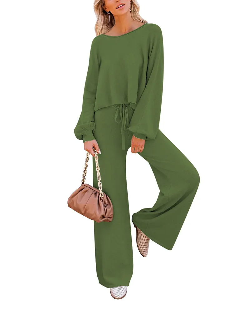 Women's 2 Piece Outfit Sweater Set Long Sleeve Crop Knit Top and Wide Leg Long Pants Sweatsuit