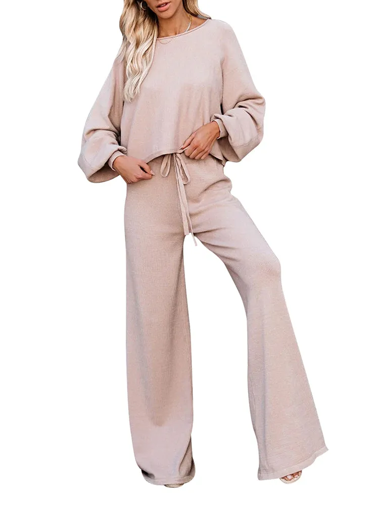 Women's 2 Piece Outfit Sweater Set Long Sleeve Crop Knit Top and Wide Leg Long Pants Sweatsuit