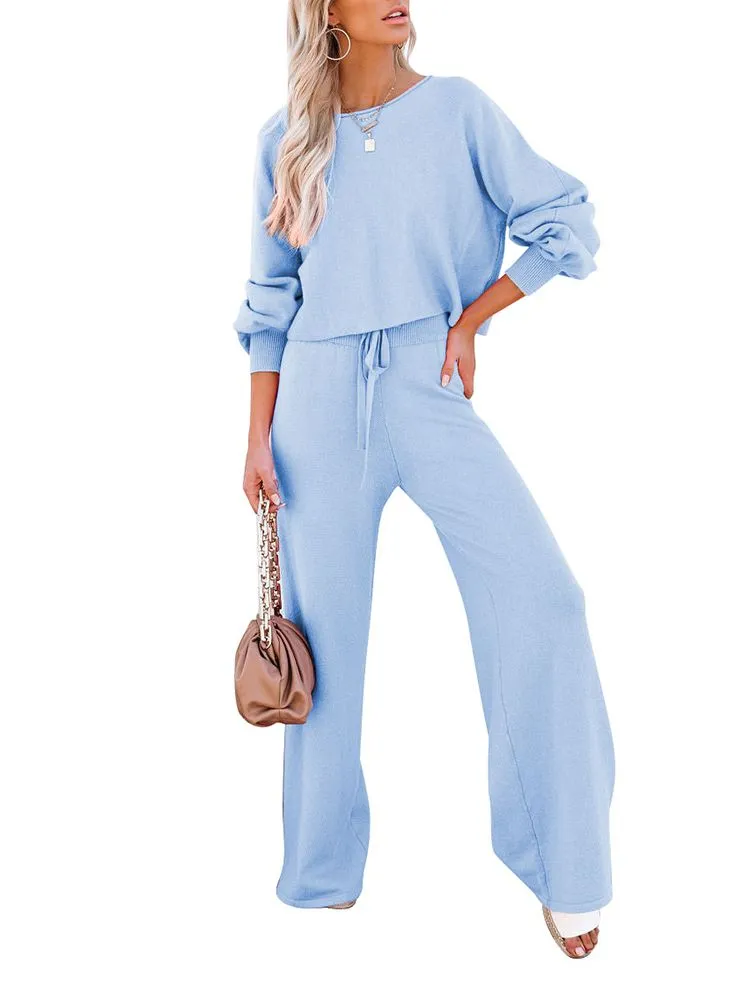 Women's 2 Piece Outfit Sweater Set Long Sleeve Crop Knit Top and Wide Leg Long Pants Sweatsuit