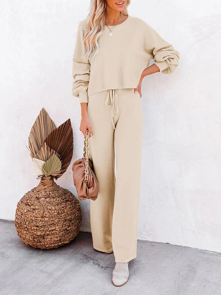 Women's 2 Piece Outfit Sweater Set Long Sleeve Crop Knit Top and Wide Leg Long Pants Sweatsuit