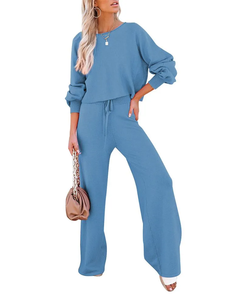 Women's 2 Piece Outfit Sweater Set Long Sleeve Crop Knit Top and Wide Leg Long Pants Sweatsuit