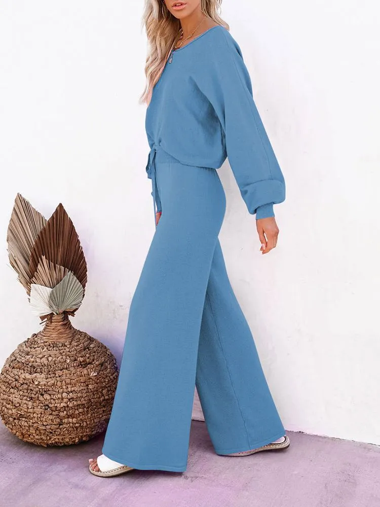 Women's 2 Piece Outfit Sweater Set Long Sleeve Crop Knit Top and Wide Leg Long Pants Sweatsuit