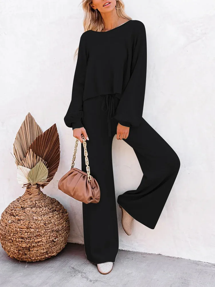 Women's 2 Piece Outfit Sweater Set Long Sleeve Crop Knit Top and Wide Leg Long Pants Sweatsuit