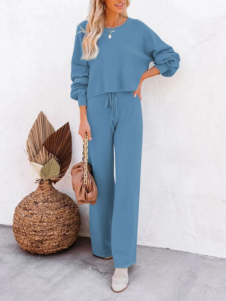 Women's 2 Piece Outfit Sweater Set Long Sleeve Crop Knit Top and Wide Leg Long Pants Sweatsuit