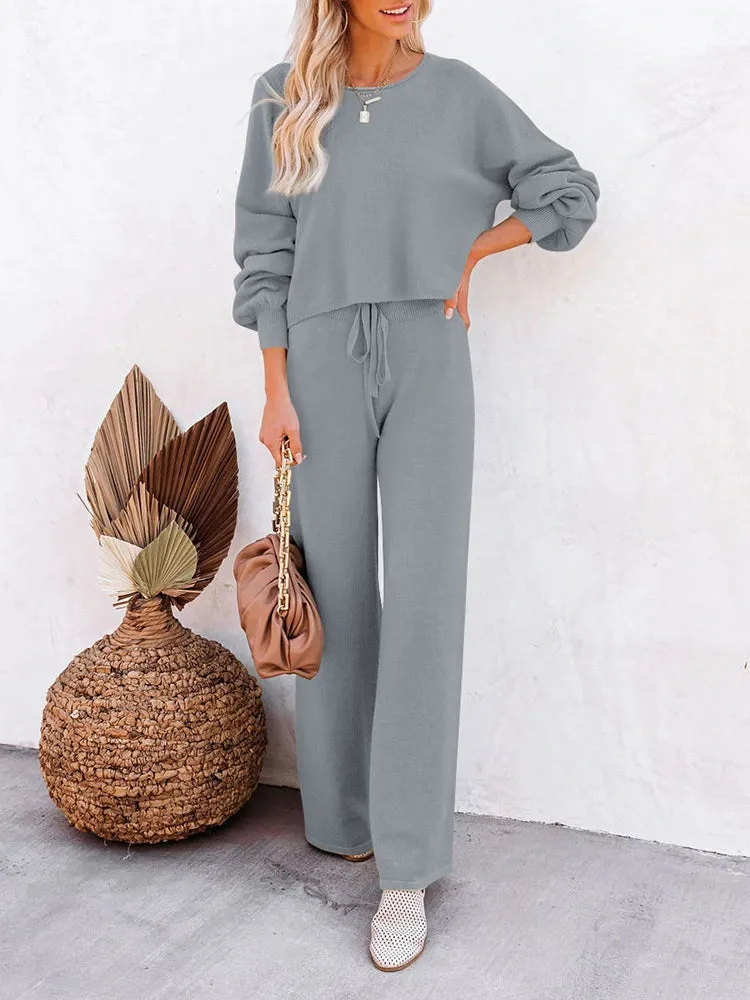 Women's 2 Piece Outfit Sweater Set Long Sleeve Crop Knit Top and Wide Leg Long Pants Sweatsuit