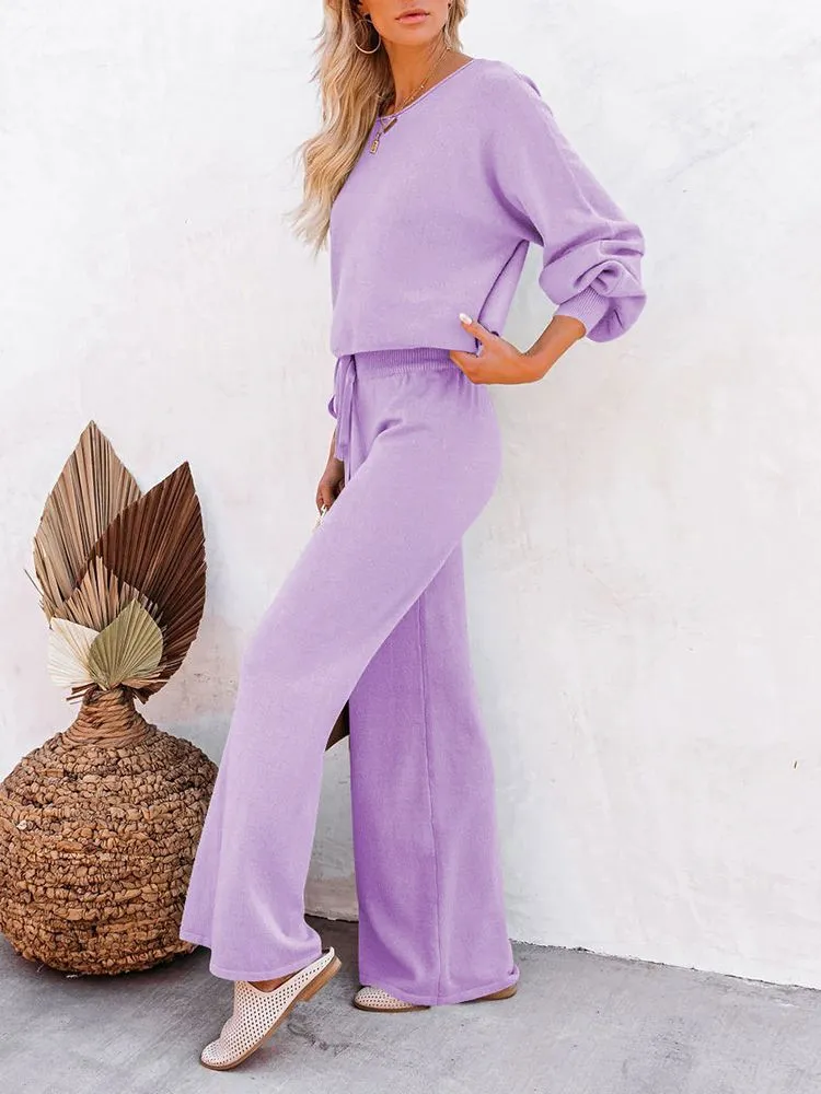 Women's 2 Piece Outfit Sweater Set Long Sleeve Crop Knit Top and Wide Leg Long Pants Sweatsuit