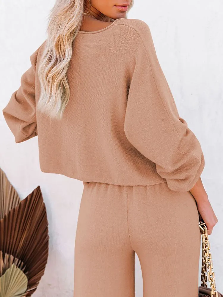 Women's 2 Piece Outfit Sweater Set Long Sleeve Crop Knit Top and Wide Leg Long Pants Sweatsuit