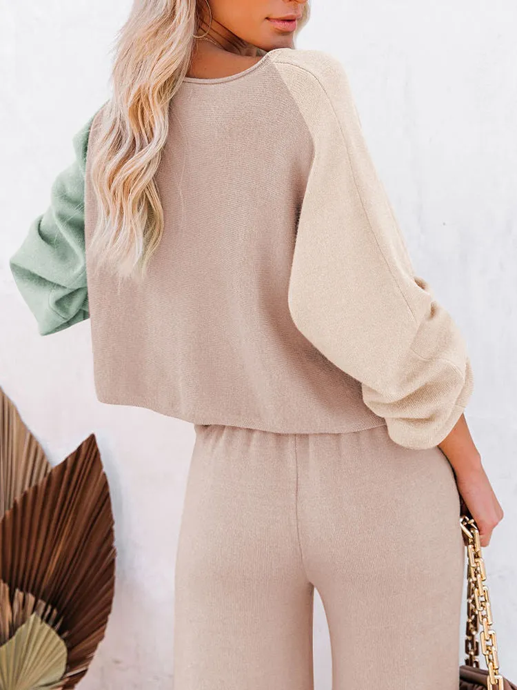 Women's 2 Piece Outfit Sweater Set Long Sleeve Crop Knit Top and Wide Leg Long Pants Sweatsuit