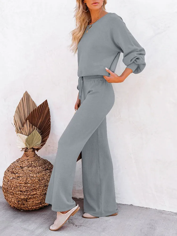 Women's 2 Piece Outfit Sweater Set Long Sleeve Crop Knit Top and Wide Leg Long Pants Sweatsuit