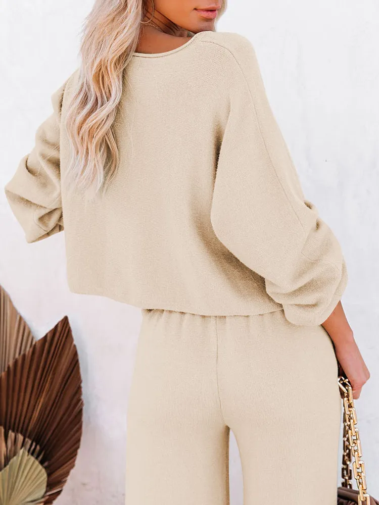 Women's 2 Piece Outfit Sweater Set Long Sleeve Crop Knit Top and Wide Leg Long Pants Sweatsuit