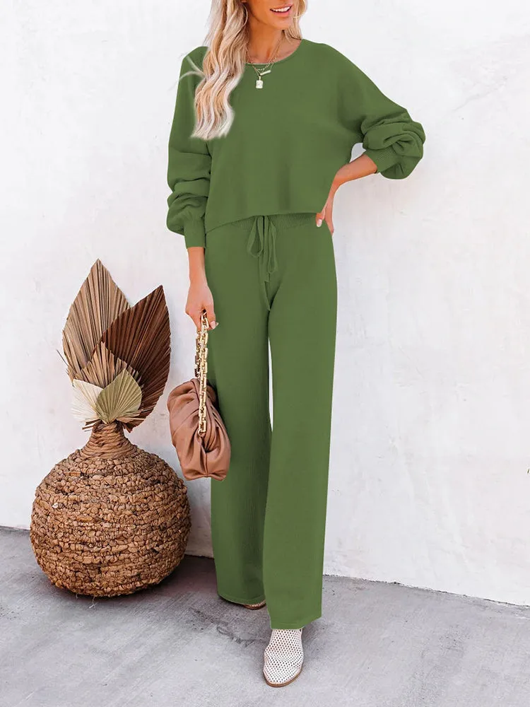 Women's 2 Piece Outfit Sweater Set Long Sleeve Crop Knit Top and Wide Leg Long Pants Sweatsuit