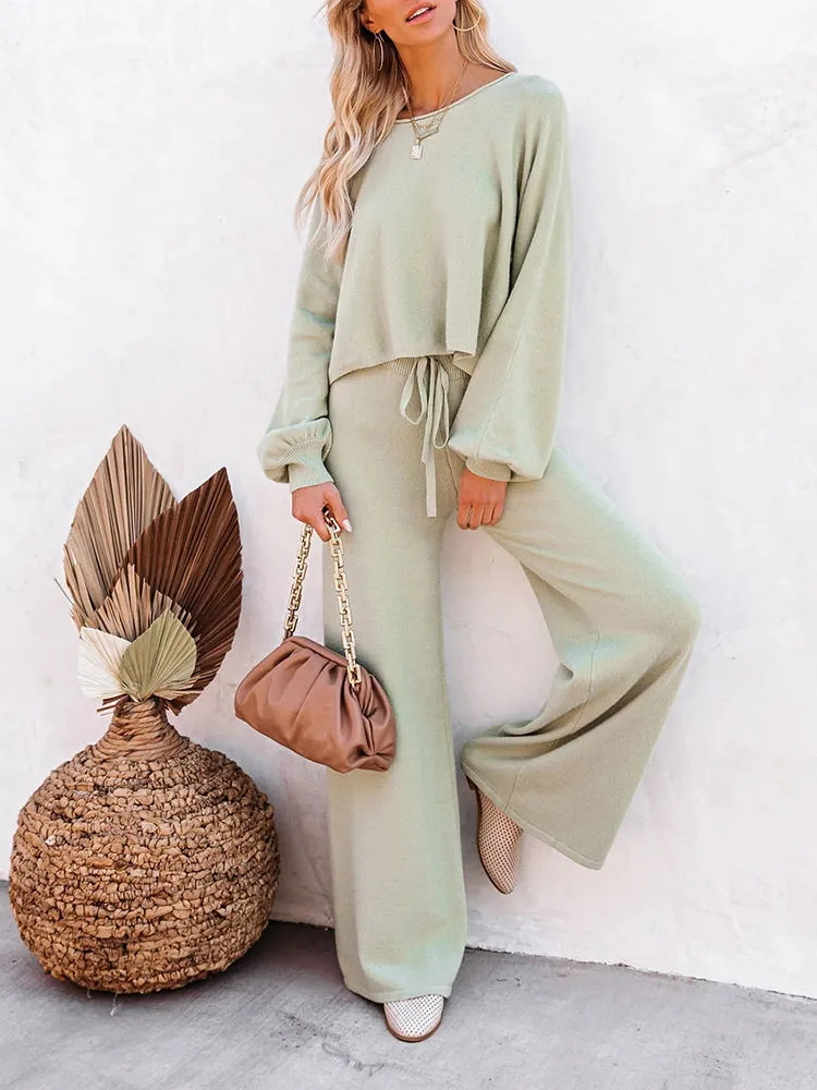 Women's 2 Piece Outfit Sweater Set Long Sleeve Crop Knit Top and Wide Leg Long Pants Sweatsuit